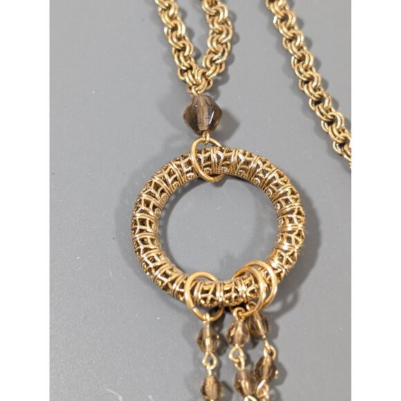 Retro Gold Tone Brown Glass Chain Tassel Necklace Rolo Link Boho 18" - Picture 5 of 9